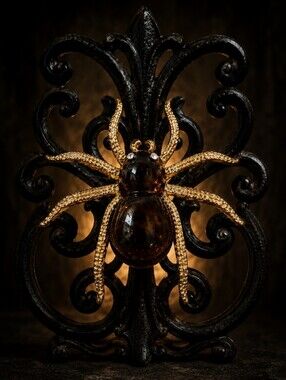 Pitted Lucite Tortoise Root Beer Brown Spider Brooch Halloween Gold Tone Brooch